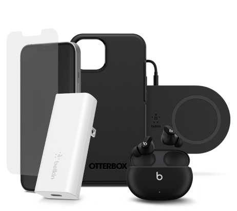 A phone with a variety of accessories, including a screen protector, power bank, protective case, wireless earbuds and a wireless charger.