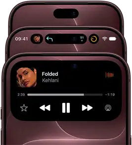 Trois iPhone 18 Pro bourgogne, l’un derrière l’autre, décalés pour montrer la Dynamic Island, qui apparaît dans différents états, désactivée, réduite, agrandie