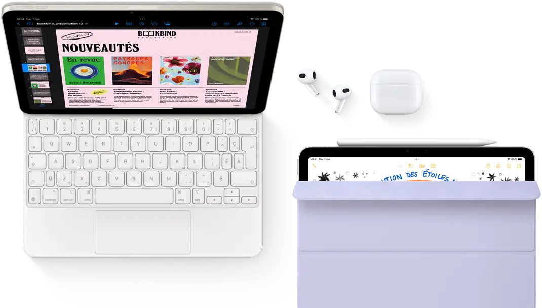 iPad Air fixé au Magic Keyboard, avec des AirPods Pro, un Apple Pencil Pro et un Smart Folio