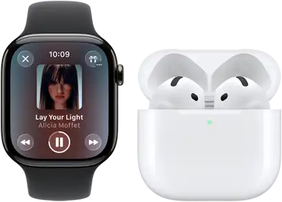 Apple Watch Series 11, boîtier en titane ardoise, bracelet : sport noir, app Musique ouverte, jumelée avec des AirPods 4