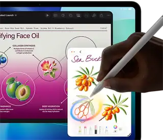 iPad Pro, front exterior display with dark blue and green gradient background with multiple apps open, hand holding Apple Pencil Pro circling a sketch showing Apple Intelligence Image Wand feature