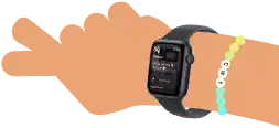 Illustration caricaturale de poignets d’enfants portant une Apple Watch SE 3 affichant l’app Messages