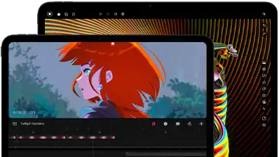 13-inch iPad Pro and 11-inch iPad Pro, front exterior, landscape orientation, space black colour, rounded corners, black display bezel, 11-inch display showing a vibrant image of a character with red hair, 13-inch display showing colourful photo editing interface elements