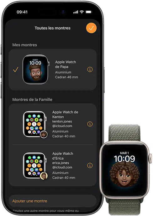 L’Apple Watch d’un enfant à côté de l’iPhone de papa, qui affiche toutes les montres qui y sont jumelées.