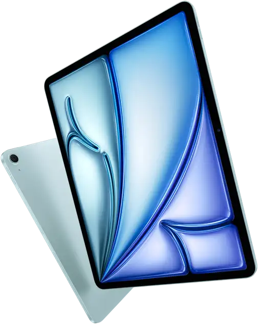 Front angle of 13-inch iPad Air, colourful display on screen, 11-inch iPad Air with back exterior and 12MP Wide back camera