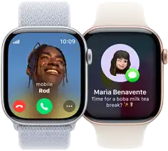 An incoming call on an Apple Watch Series 10 and an incoming text on another Apple Watch Series 10