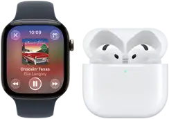 Apple Watch Series 12, aluminum case, black colour, black Sport Band, Apple Music app open, paired with AirPods 4