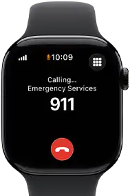 Apple Watch Series 11, aluminum jet black case, emergency call to 911 on screen, right side exterior: Digital Crown, black Sport Band