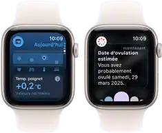 Deux Apple Watch SE 3 avec boîtiers en aluminium comète affichent sur leur écran l’app Signes vitaux