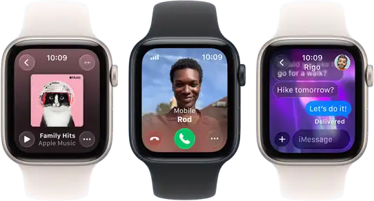 Three Apple Watch SE 3 devices next to each other, one showing the Apple Music app, one showing an incoming phone call and one showing an iMessage exchange