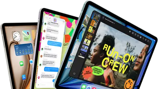 Three iPad Air displays in fan-like arrangement, colours: Blue, Purple, Starlight, front exterior, side exterior, apps on screen display include Keynote app, Messages and Home Screen