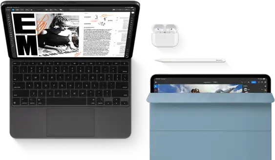 iPad Pro attached to Magic Keyboard, front exterior, space black colour, rounded corners, black display bezel, open, display showing article editing app with text and photograph of a woman playing music, Airpods 4 in open case, blue Smart Folio cover on iPad Pro with Apple Pencil Pro resting atop device, cover slightly open revealing display
