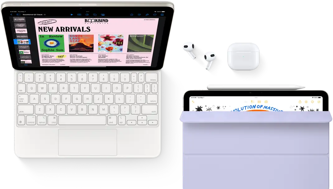 iPad Air attached to Magic Keyboard, with Airpods Pro, Apple Pencil Pro, and Smart Folio accessories