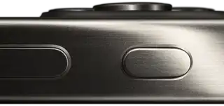 Side view of iPhone 15 Pro in a titanium design showing a volume button and Action button