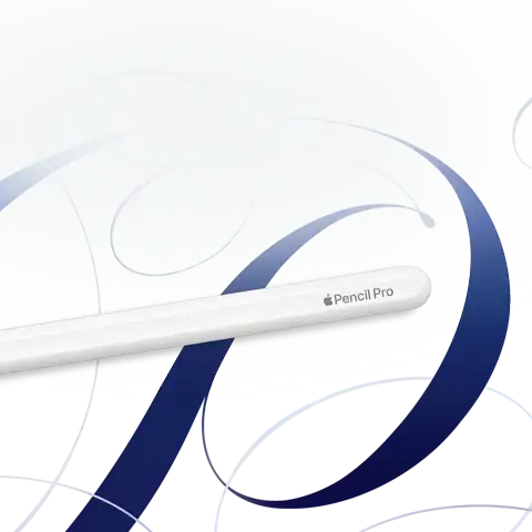 Apple Pencil Pro, white, shown on a white background with blue swirls
