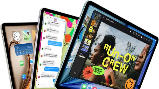 Three iPad Air displays in fan-like arrangement, colours: Blue, Purple, Starlight, front exterior, side exterior, apps on screen display include Keynote app, Messages and Home Screen