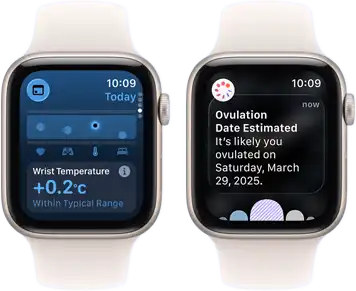 two Apple Watch SE 3 devices with Starlight aluminum cases showing the Vitals app on screens