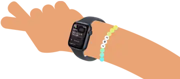 Illustration caricaturale de poignets d’enfants portant une Apple Watch SE 3 affichant l’app Messages