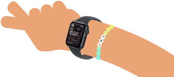 Cartoon illustration of kid's wrist wearing Apple Watch SE 3 with the Messages app open on the screen