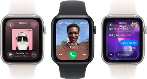 Three Apple Watch SE 3 devices next to each other, one showing the Apple Music app, one showing an incoming phone call and one showing an iMessage exchange