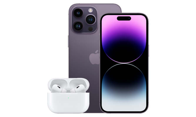 Apple AirPods Pro (2nd generation) with a back view of an iPhone 14 Pro Max and front view of iPhone 14 Pro.