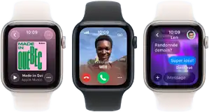 Trois Apple Watch SE 3 côte à côte, la première affiche l’app Apple Music, la deuxième un appel entrant, et la troisième un échange iMessage