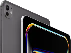 iPad Pro, back side exterior, space black colour, volume buttons and pro camera system, iPad Pro, front side exterior, silver colour, rounded corners, black display bezel, display showing black background with multicoloured abstract line art