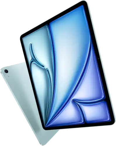 Front angle of 13-inch iPad Air, colourful display on screen, 11-inch iPad Air with back exterior and 12MP Wide back camera