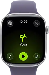 Apple Watch Series 11, aluminum silver case, Yoga Workout open, right side exterior: Digital Crown, purple fog Sport Band