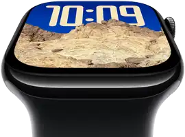 The screen of Apple Watch Series 10 tilting back to emphasize its larger screen area