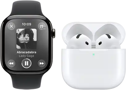 Apple Watch Series 11, titanium slate case, band: black sport band, Apple Music app open, paired with AirPods 4