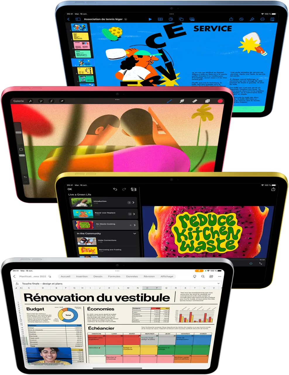 Image montrant les apps Keynote, Procreate et iMovie, ainsi que Microsoft Excel avec une vignette WebEx en superposition.