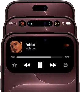 Trois iPhone 18 Pro bourgogne, l’un derrière l’autre, décalés pour montrer la Dynamic Island, qui apparaît dans différents états, désactivée, réduite, agrandie