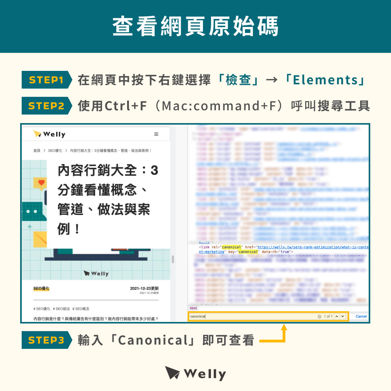 查看網頁原始碼以檢查canonical tag