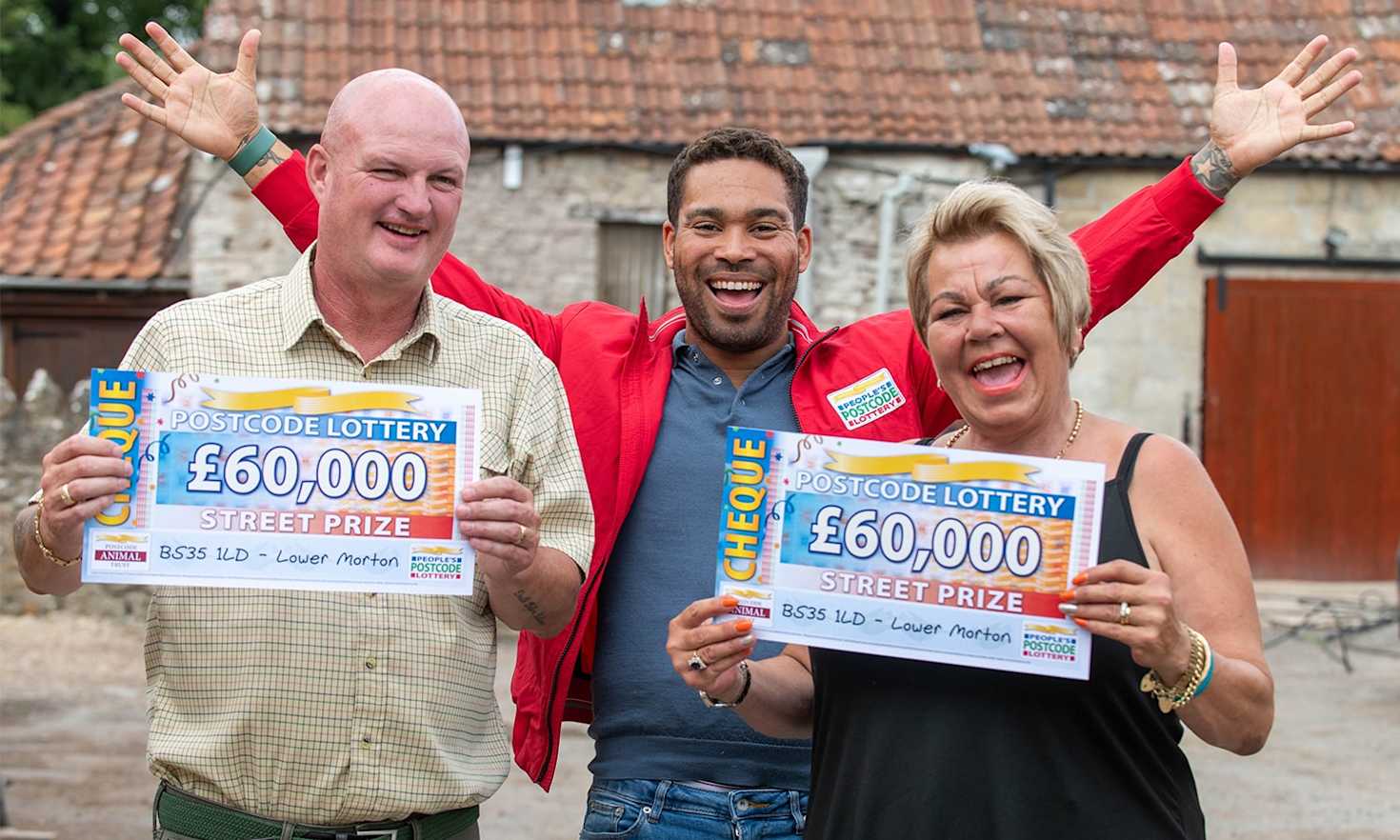 Two of our lucky £30,000 Street Prize winners celebrating with Danyl in Lower Morton Two of our lucky £30,000 Street Prize winners celebrating with Danyl in Lower Morton