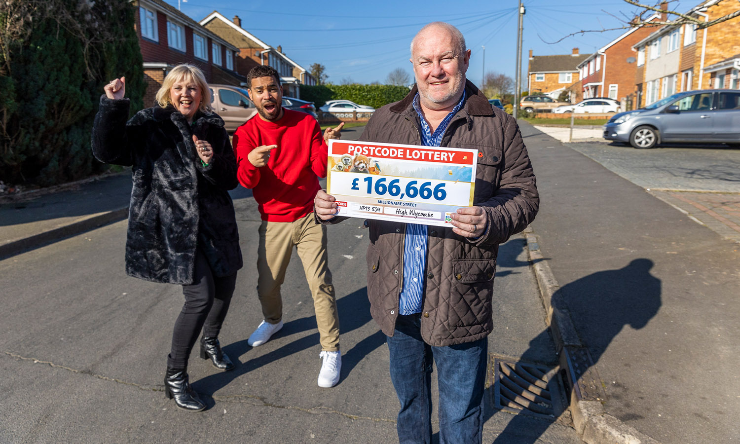 DANCING IN THE STREET: David's joy at win, with Nicola and Danyl