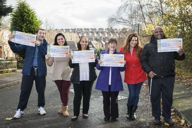 Five of this week's Nottingham winners, cheering alongside Judie McCourt