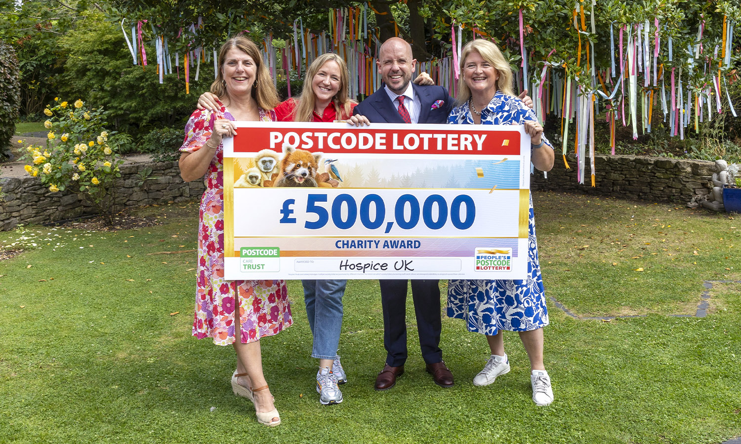 NEW FUNDING REVEALED: Jan Noble (St Christopher's Hospice), Lindsay Coulton (People's Postcode Lottery), Tom Allen, Catherine Bosworth (Hospice UK)