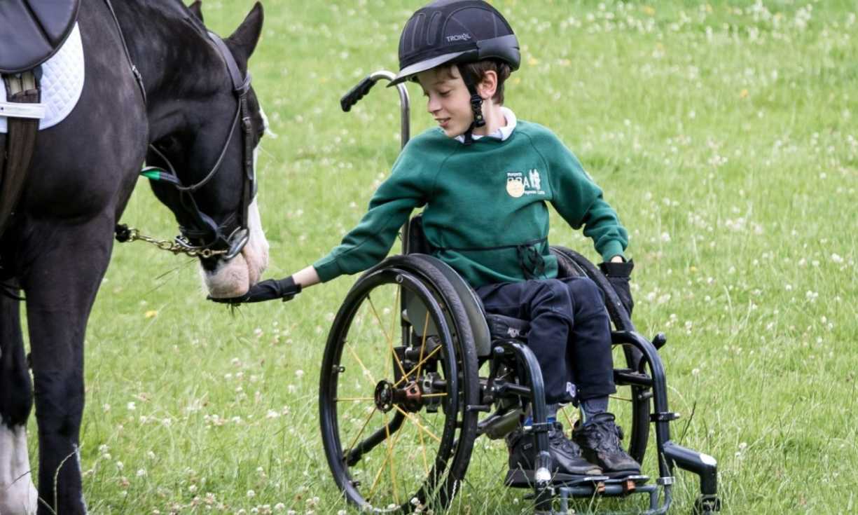 A young boy in a wheelchair wearing an RDA jumper and riding helmet feeding a horse