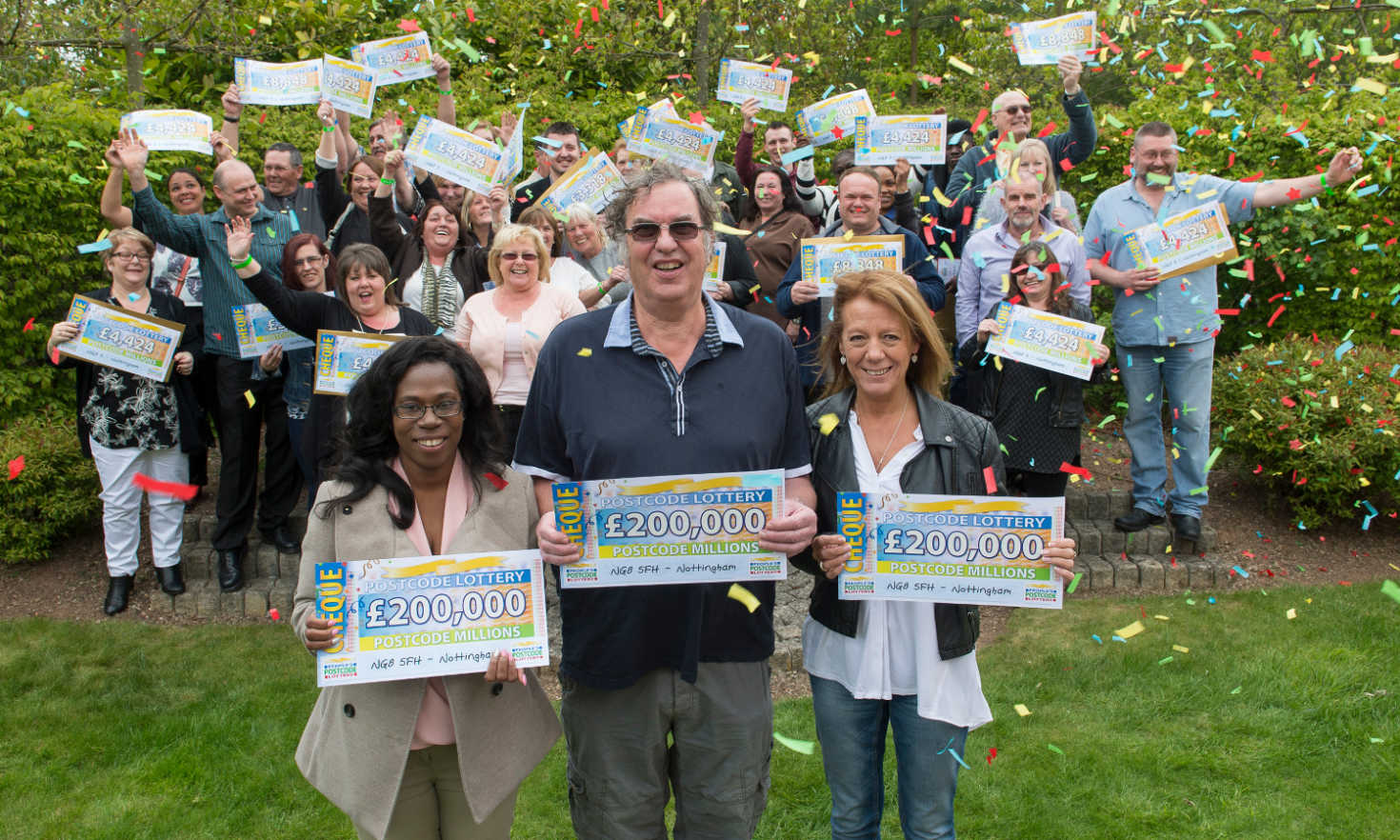 Our lucky Nottingham Postcode Millions winners celebrating with their life-changing cheques