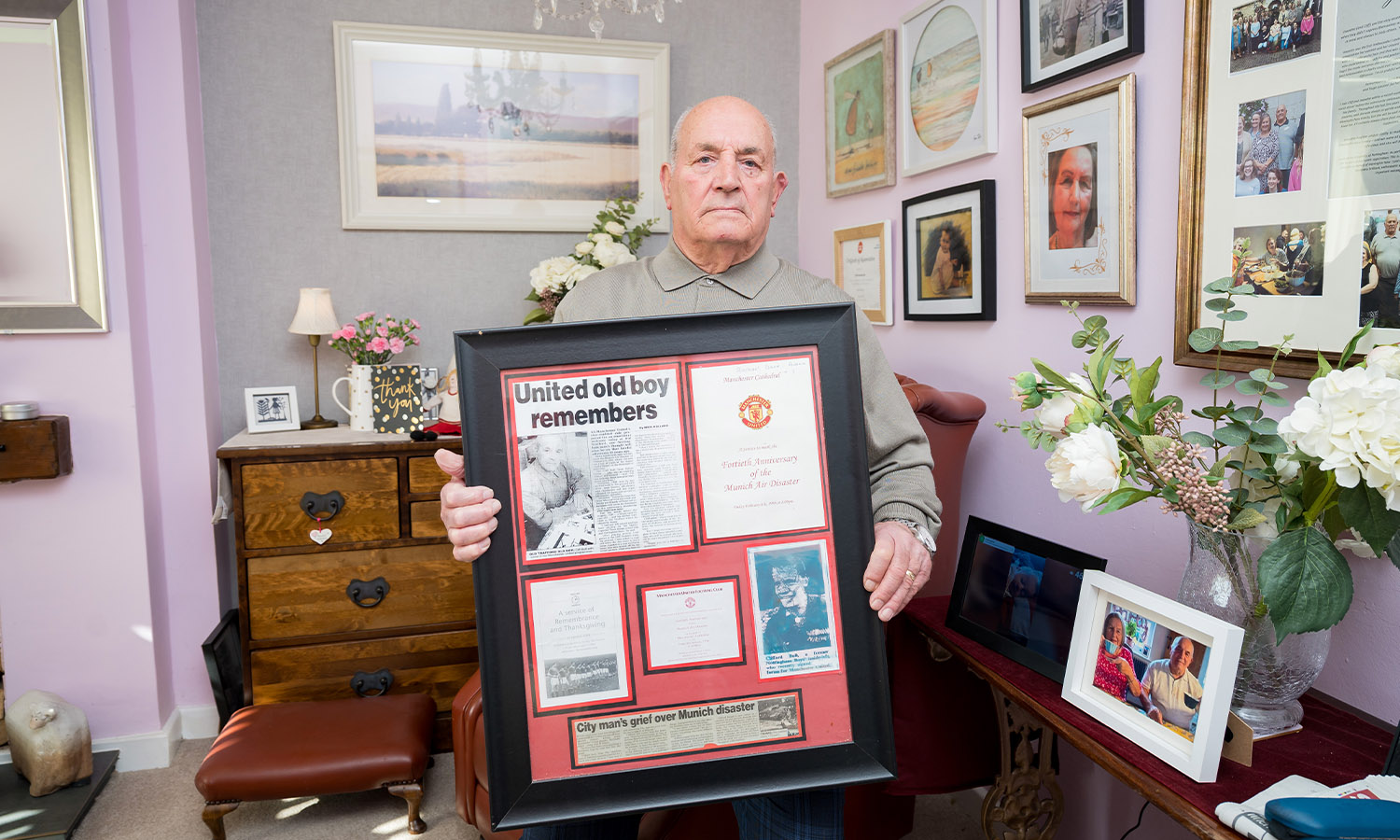 ALWAYS IN HIS HEART: Cliff has a wall in his house remembering the Munich air disaster