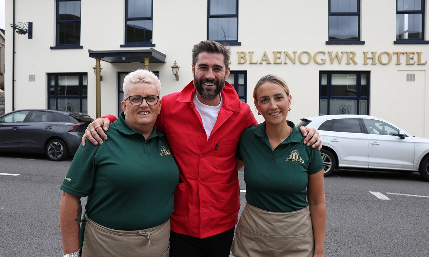 WELCOME: Bartenders Harriet Edwards and Natalie John with Presenter Matt Johnson