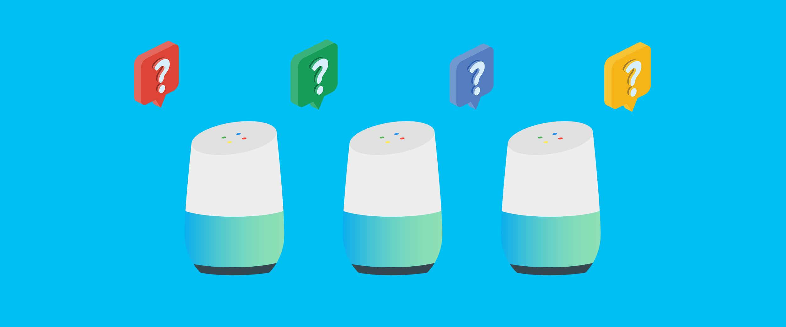 Google Home products with iconic question marks.