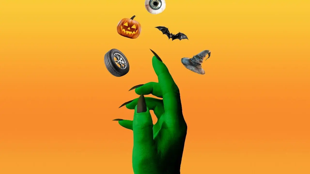 A witches hand emerges on an orange background, with a pumpkin, bat, and other Halloween icons.