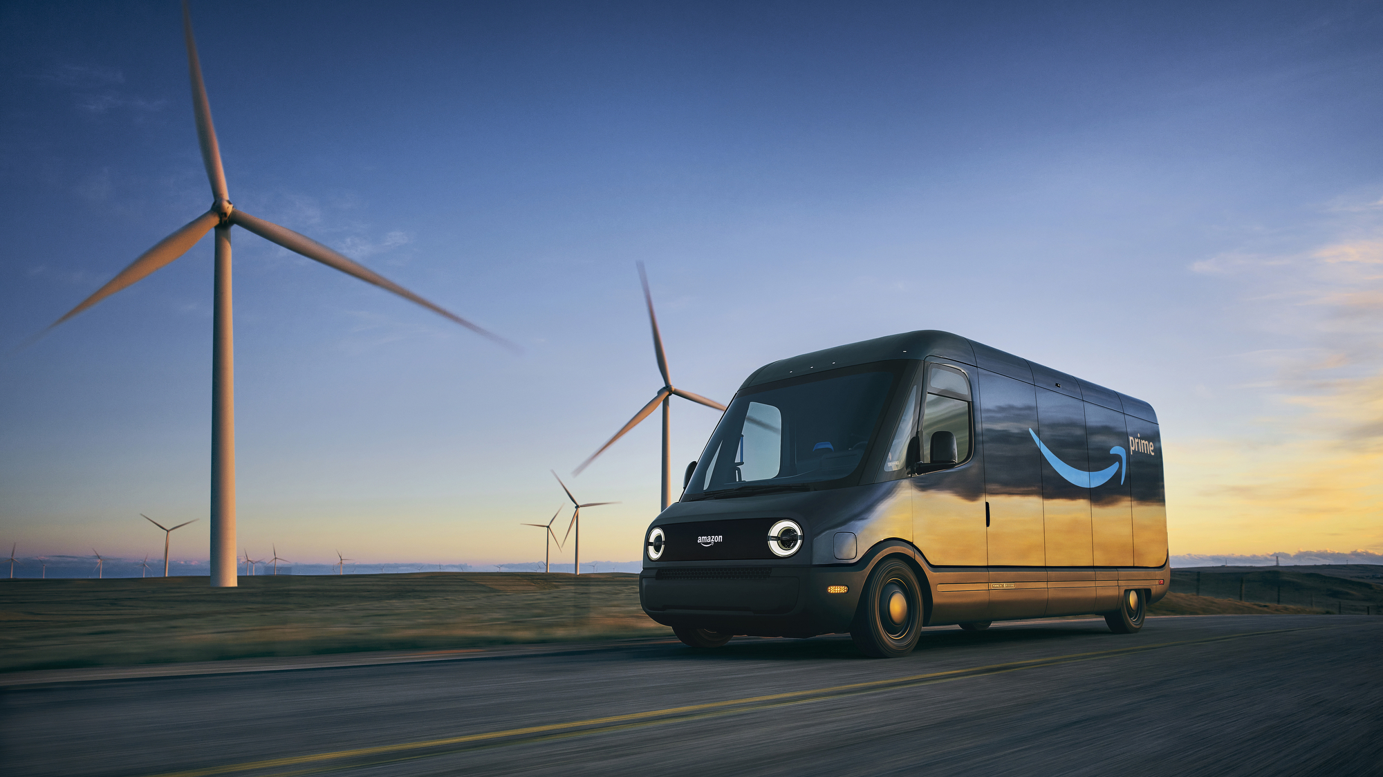 Amazon Delivery Van driving by wind turbines.