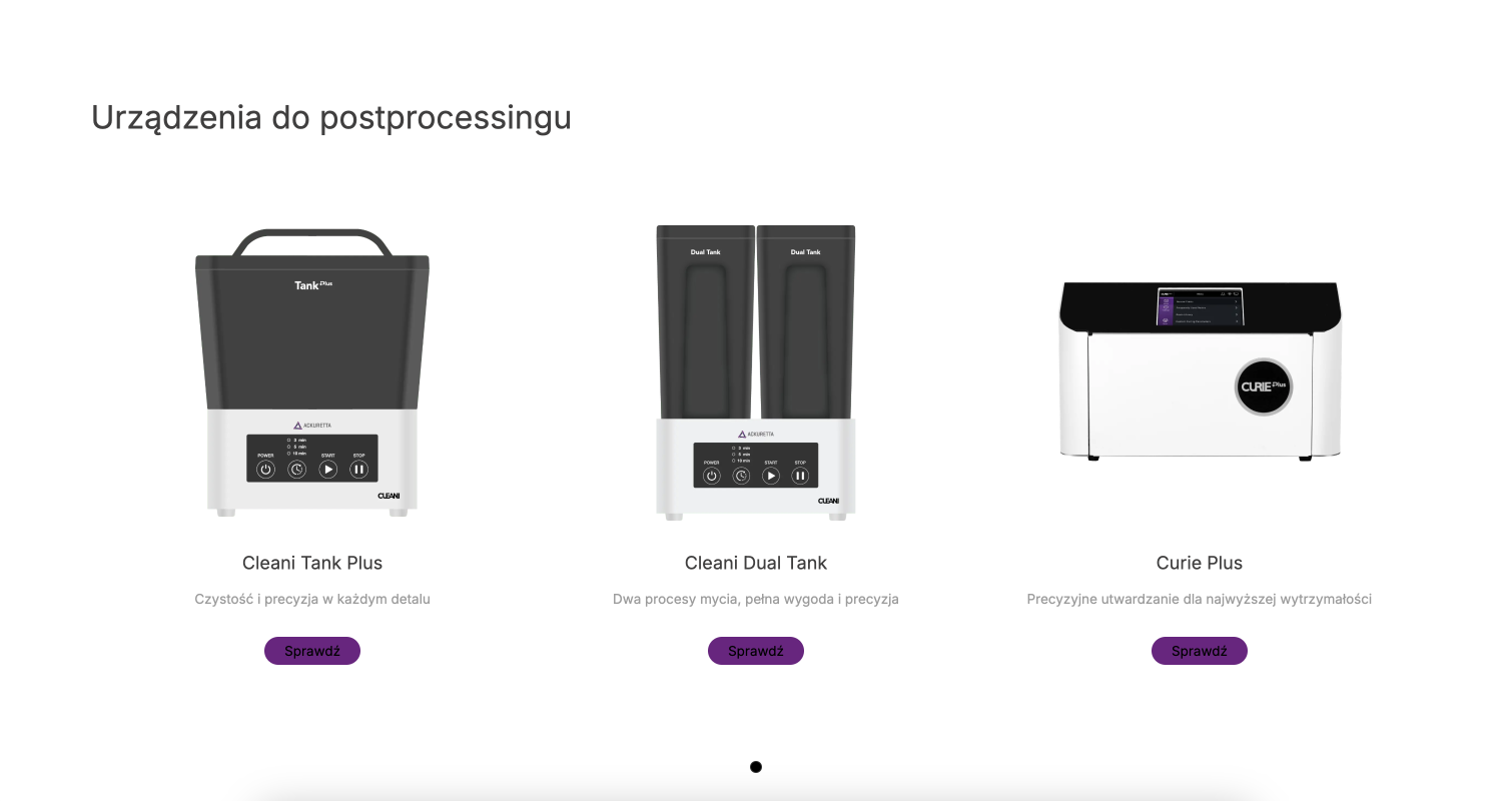 Dental products section at 3D Phoenix website. Ackuretta postprocessing devices.