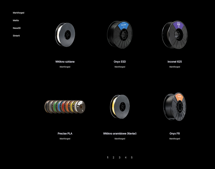 Product list at 3D Phoenix website. Markforged filaments.