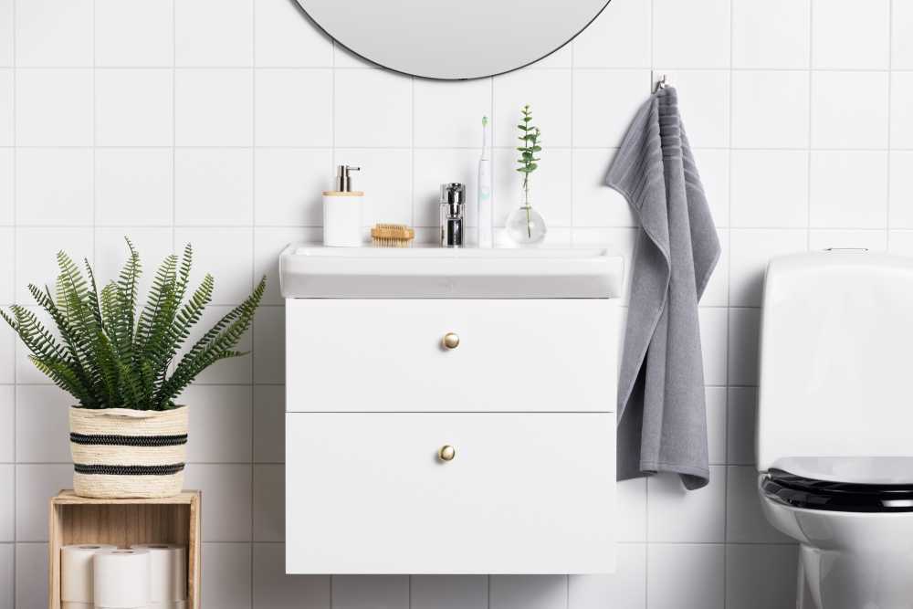Ett vitt badrum med spegel och växter