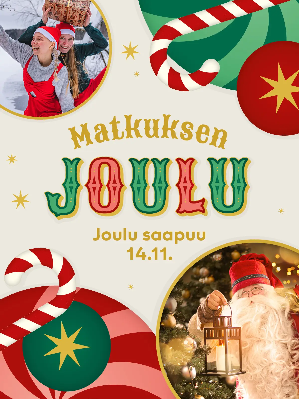 Matkuksen joulu, kuva joulupukista ja iloisista tontuista