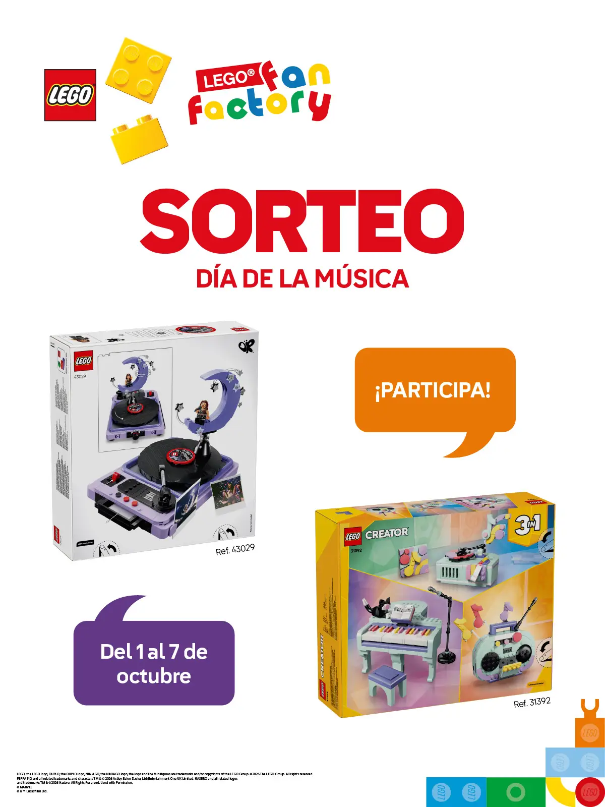 Sorteo LEGO® Día de la Música en RÍO Shopping del 1 al 7 de octubre de 2026. Imagen de los premios.